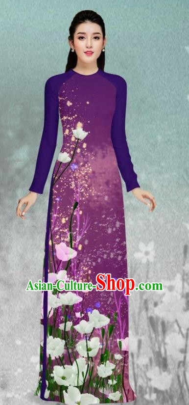 Asian Vietnam Printing Flowers Purple Cheongsam and Pants Traditional Vietnamese Costumes Classical Female Ao Dai Qipao Dress