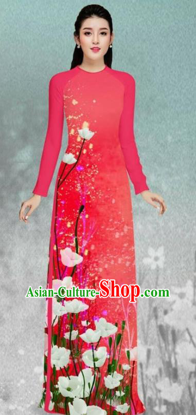 Asian Vietnam Printing Flowers Rosy Cheongsam and Pants Traditional Vietnamese Costumes Classical Female Ao Dai Qipao Dress
