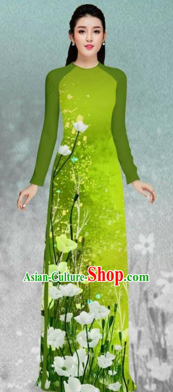 Asian Vietnam Printing Flowers Green Cheongsam and Pants Traditional Vietnamese Costumes Classical Female Ao Dai Qipao Dress