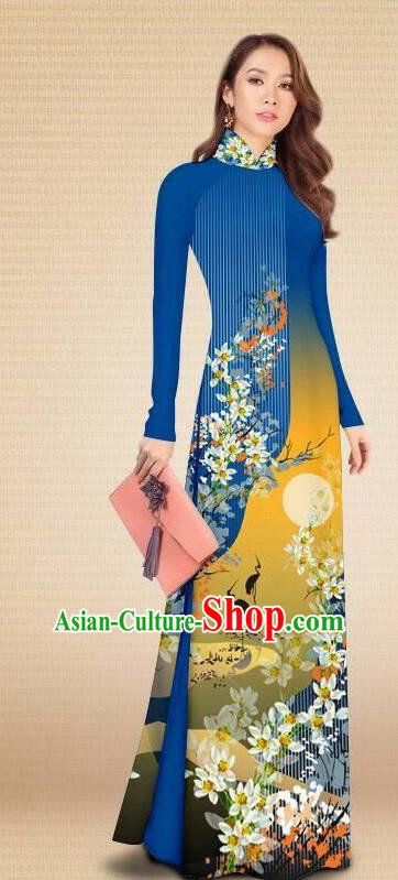 Asian Vietnam Classical Printing Crane Flowers Deep Blue Cheongsam Traditional Vietnamese Costumes Women Ao Dai Qipao Dress and Pants