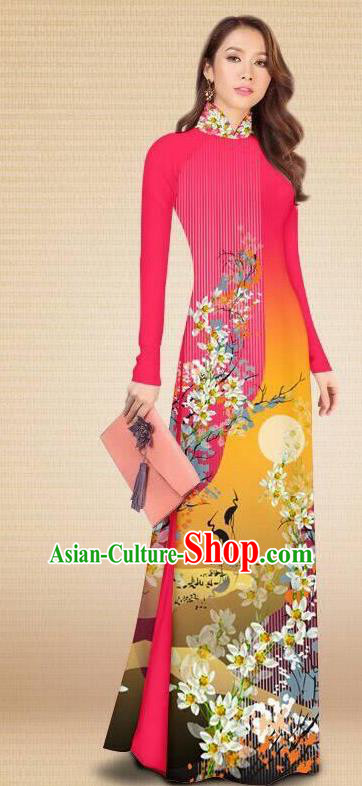 Asian Vietnam Classical Printing Crane Flowers Rosy Cheongsam Traditional Vietnamese Costumes Women Ao Dai Qipao Dress and Pants