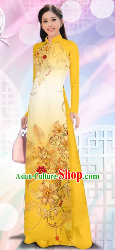 Asian Vietnam Women Classical Cheongsam Traditional Vietnamese Costumes Printing Flowers Yellow Ao Dai Qipao Dress and Pants
