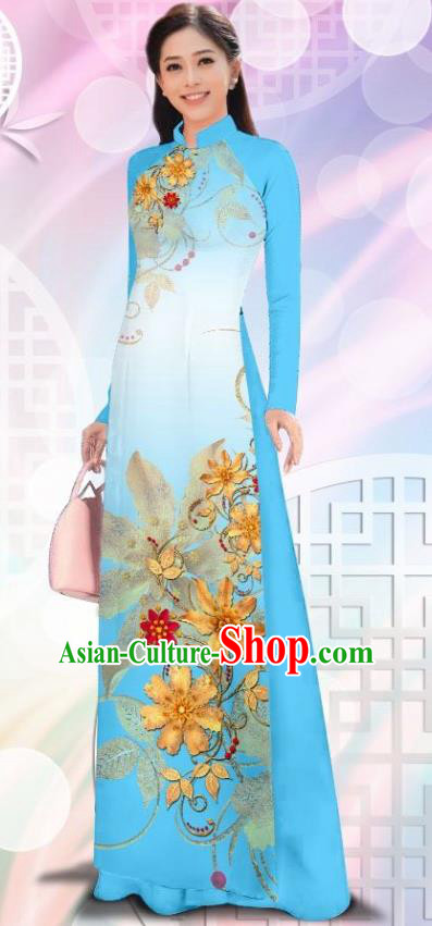 Asian Vietnam Women Classical Cheongsam Traditional Vietnamese Costumes Printing Flowers Light Blue Ao Dai Qipao Dress and Pants