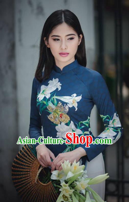 Asian Vietnam Printing Lily Flowers Cheongsam Costumes Traditional Vietnamese Classical Navy Ao Dai Qipao Dress and Loose Pants