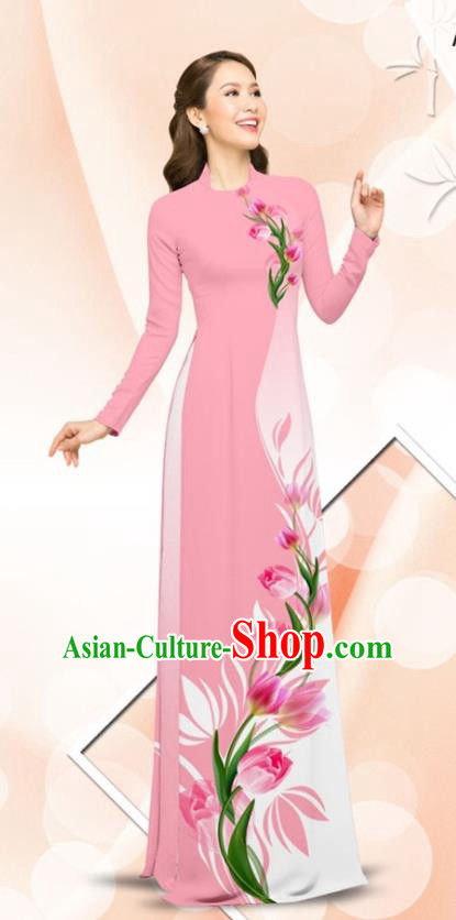 Asian Traditional Vietnamese Classical Printing Tulip Pink Ao Dai Qipao Dress and Loose Pants Vietnam Women Cheongsam Costumes