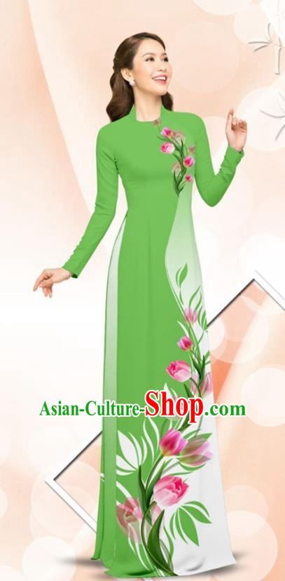 Asian Traditional Vietnamese Classical Printing Tulip Green Ao Dai Qipao Dress and Loose Pants Vietnam Women Cheongsam Costumes