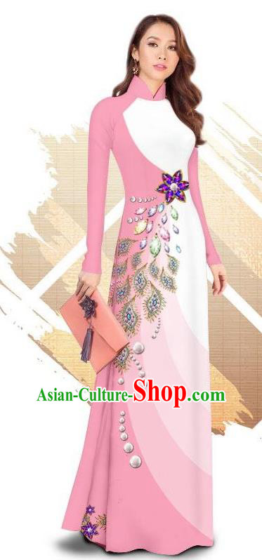 Traditional Vietnamese Classical Pink Ao Dai Qipao Dress and Loose Pants Asian Vietnam Women Cheongsam Costumes