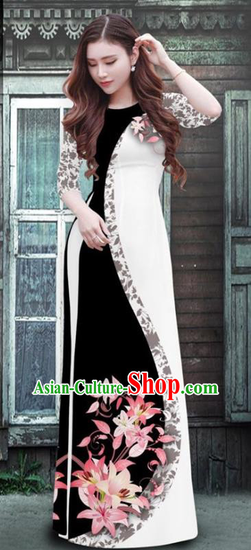 Traditional Vietnamese Printing White Ao Dai Qipao Dress and Pants Asian Vietnam Cheongsam Classical Costumes