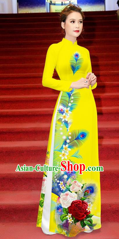 Traditional Vietnamese Printing Roses Yellow Ao Dai Qipao Dress and Pants Asian Vietnam Classical Cheongsam Costumes