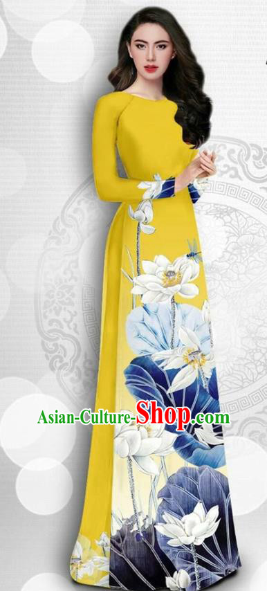 Asian Vietnam Court Female Classical Cheongsam Traditional Vietnamese Costumes Printing Lotus Yellow Ao Dai Qipao Dress and Loose Pants
