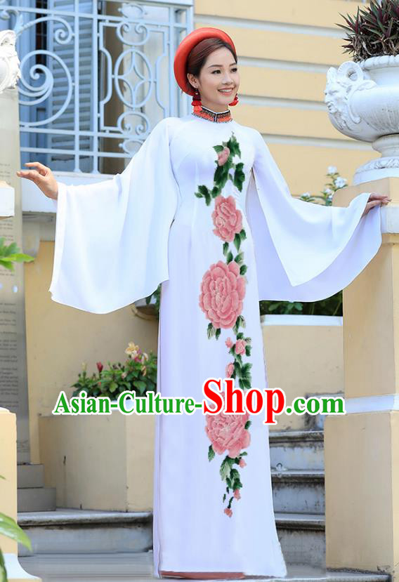 Traditional Vietnamese Printing Peony Ao Dai Qipao Dress and Pants Asian Vietnam Classical Court White Cheongsam Costumes