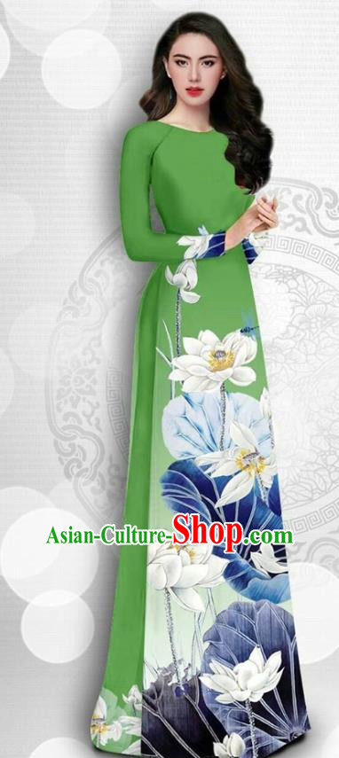 Asian Vietnam Court Female Classical Cheongsam Traditional Vietnamese Costumes Printing Lotus Green Ao Dai Qipao Dress and Loose Pants