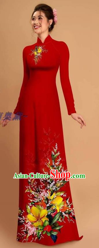 Traditional Vietnamese Bride Red Ao Dai Qipao Dress and Pants Asian Vietnam Classical Printing Flowers Cheongsam Costumes