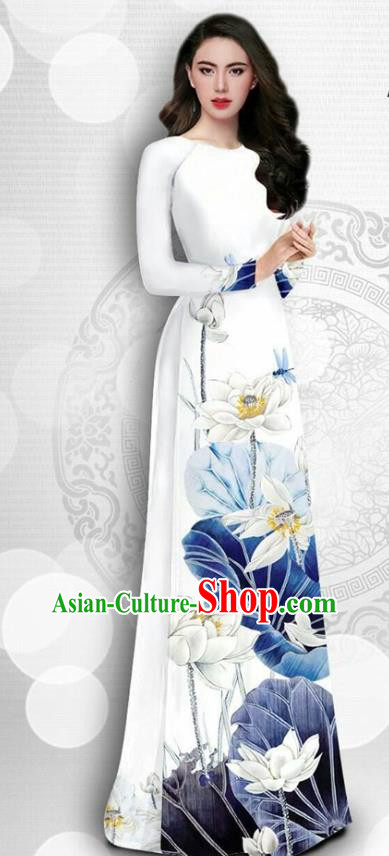 Asian Vietnam Court Female Classical Cheongsam Traditional Vietnamese Costumes Printing Lotus White Ao Dai Qipao Dress and Loose Pants