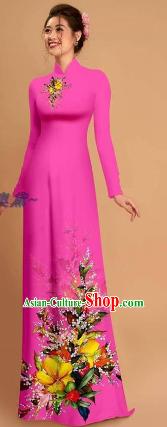 Traditional Vietnamese Bride Rosy Ao Dai Qipao Dress and Pants Asian Vietnam Classical Printing Flowers Cheongsam Costumes