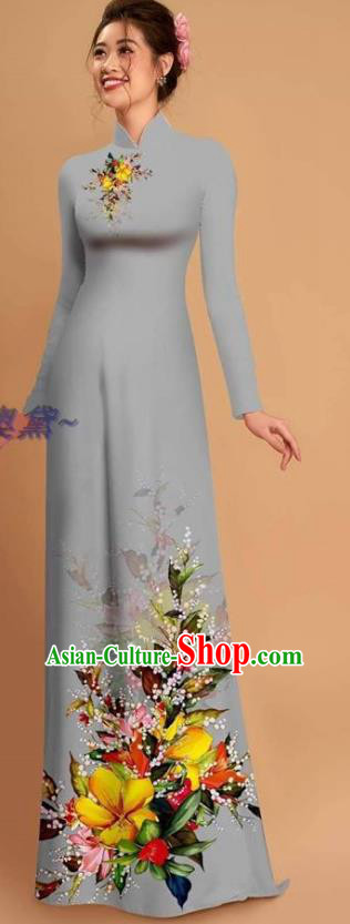 Traditional Vietnamese Bride Grey Ao Dai Qipao Dress and Pants Asian Vietnam Classical Printing Flowers Cheongsam Costumes