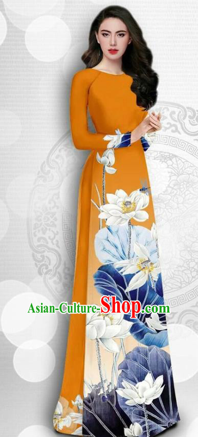 Asian Vietnam Court Female Classical Cheongsam Traditional Vietnamese Costumes Printing Lotus Orange Ao Dai Qipao Dress and Loose Pants