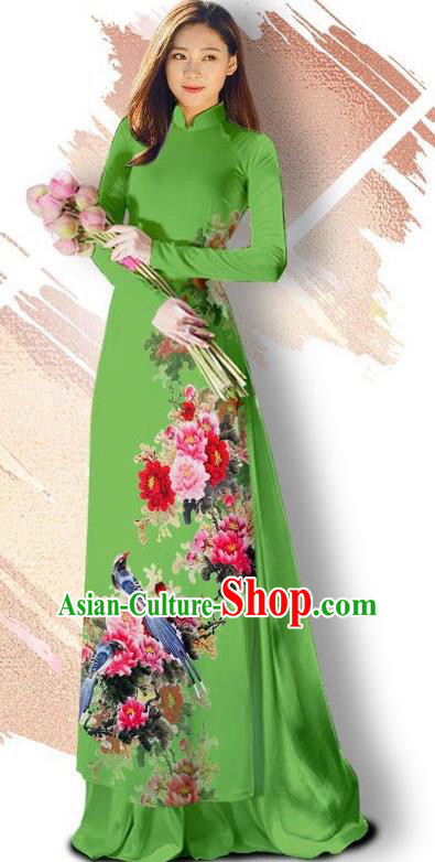 Asian Vietnam Classical Court Cheongsam Traditional Vietnamese Printing Peony Bird Green Ao Dai Qipao Dress and Loose Pants Women Costumes