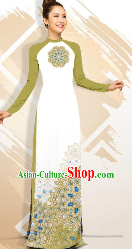 Asian Vietnam Classical Court Female Cheongsam Costumes Traditional Vietnamese Olive Green Ao Dai Qipao Dress and Loose Pants