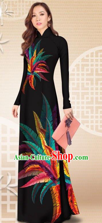 Asian Vietnam Female Classical Black Cheongsam Costumes Traditional Vietnamese Printing Petard Pattern Ao Dai Qipao Dress and Loose Pants