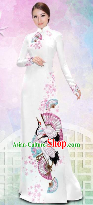 Asian Vietnam Printing Crane White Cheongsam Costumes Traditional Vietnamese Classical Ao Dai Qipao Dress and Loose Pants