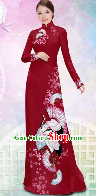Asian Vietnam Printing Crane Wine Red Cheongsam Costumes Traditional Vietnamese Classical Ao Dai Qipao Dress and Loose Pants