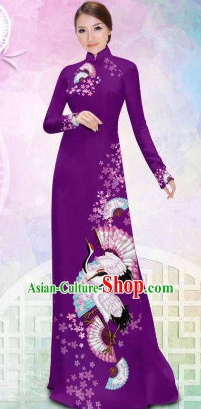 Asian Vietnam Printing Crane Purple Cheongsam Costumes Traditional Vietnamese Classical Ao Dai Qipao Dress and Loose Pants