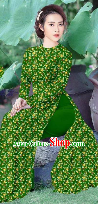 Traditional Custom Vietnamese Deep Green Ao Dai Qipao Dress and Pants Asian Vietnam Stage Show Cheongsam Female Costumes