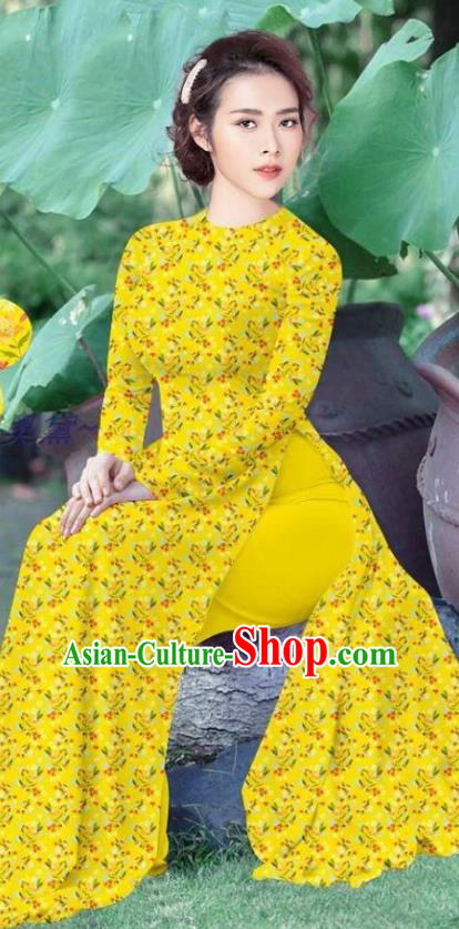 Traditional Custom Vietnamese Yellow Ao Dai Qipao Dress and Pants Asian Vietnam Stage Show Cheongsam Female Costumes