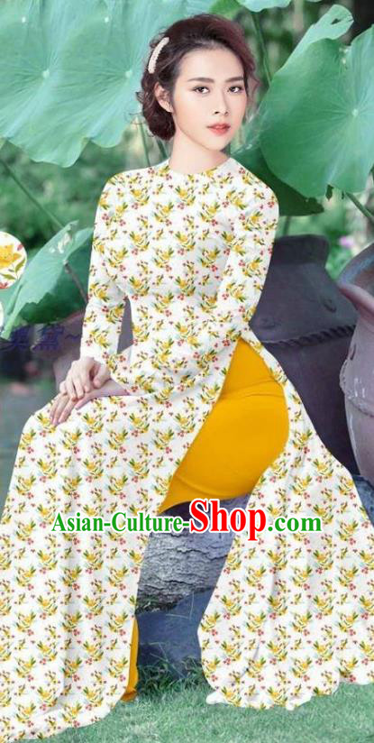 Vietnamese Custom White Qipao Traditional Ao Dai Dress and Pants Asian Vietnam Cheongsam Women Uniforms Costume