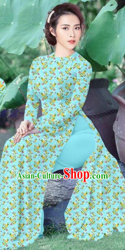 Vietnamese Custom Ao Dai Dress Traditional Female Qipao and Pants Asian Vietnam Cheongsam Light Blue Uniforms Costume