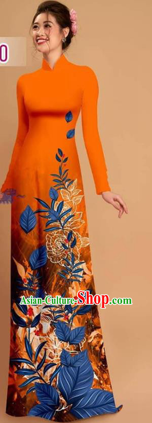 Vietnamese Custom Uniforms Traditional Ao Dai Dress Asian Vietnam Costume Printing Orange Qipao with Pants