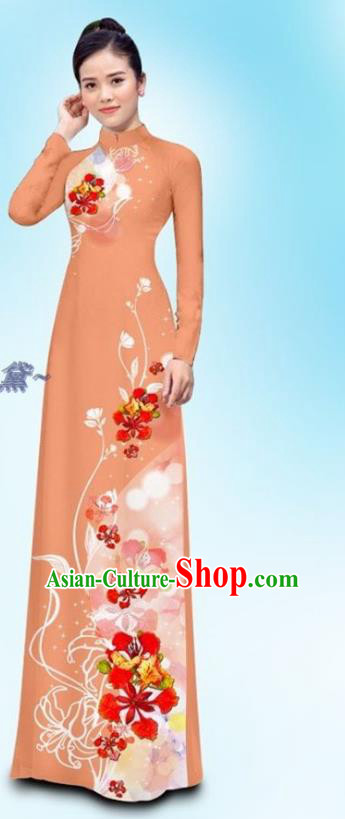 Traditional Vietnamese Custom Uniforms Ao Dai Cheongsam and Pants Asian Vietnam Qipao Dress Woman Orange Clothing