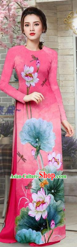 Custom Vietnamese Ao Dai Uniforms Asian Vietnam Traditional Costume Printing Lotus Pink Qipao Dress with Pants