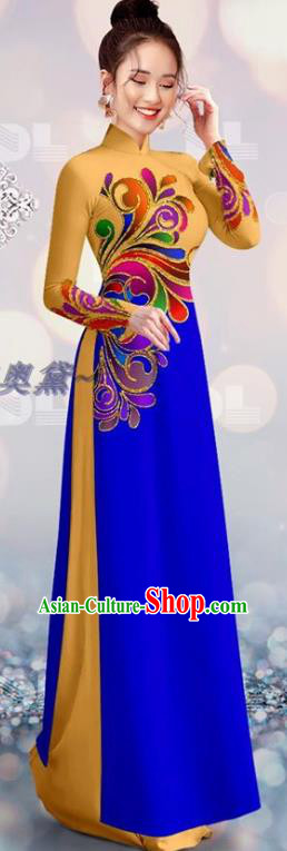 Vietnam Yellow and Royalblue Cheongsam Asian Vietnamese Custom Costume Traditional Bride Ao Dai Qipao Dress with Pants Uniforms