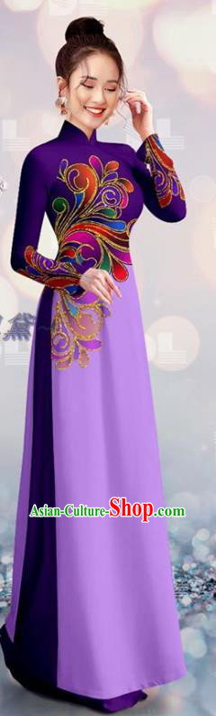 Vietnam Custom Qipao Dress with Pants Cheongsam Asian Vietnamese Traditional Bride Uniforms Purple and Lilac Ao Dai Costume