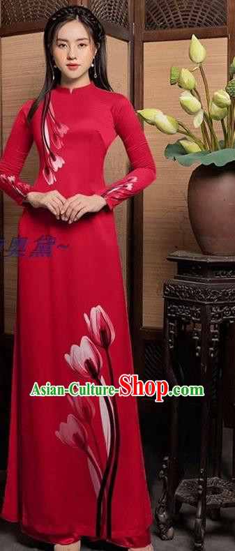Vietnamese Traditional Bride Red Long Dress with Pants Uniforms Asian Vietnam Women Ao Dai Costume Custom Cheongsam