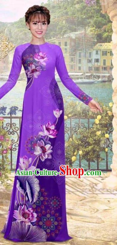 Asian Vietnam Bride Uniforms Ao Dai Clothing Traditional Vietnamese Costume Women Printing Lotus Deep Purple Dress with Pants