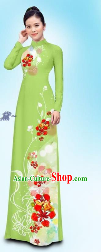 Traditional Vietnamese Uniforms Clothing Female Ao Dai Cheongsam and Pants Custom Asian Vietnam Light Green Qipao Dress