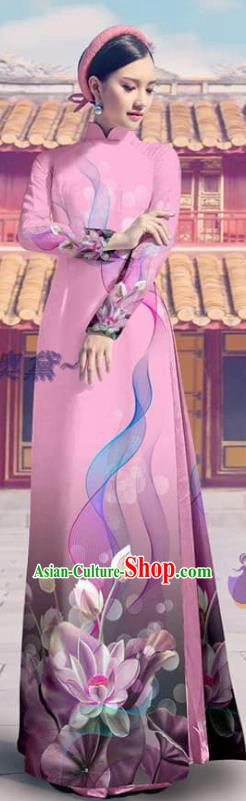 Custom Pink Ao Dai Dress Printing Cheongsam with Pants Traditional Vietnam Bride Costume Asian Vietnamese Clothing