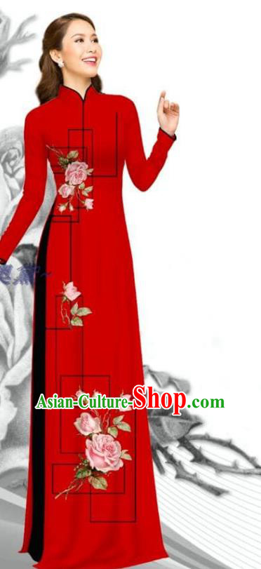 Traditional Vietnam Red Dress with Pants Bride Costume Asian Vietnamese Printing Rose Ao Dai Clothing Women Uniforms