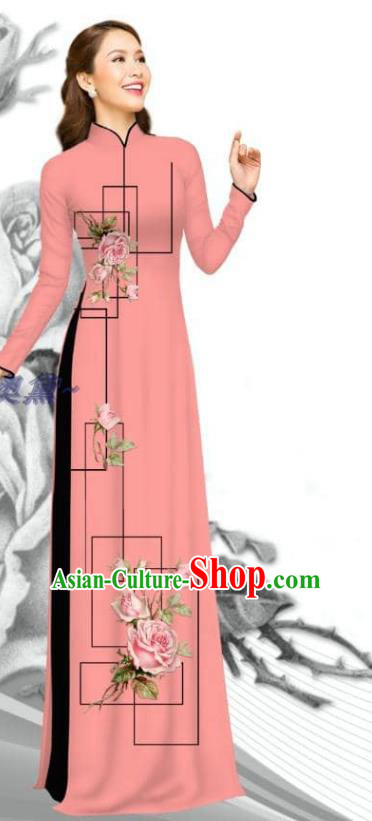Asian Vietnamese Custom Ao Dai Clothing Traditional Vietnam Women Uniforms Bride Costume Printing Rose Peach Pink Dress with Pants