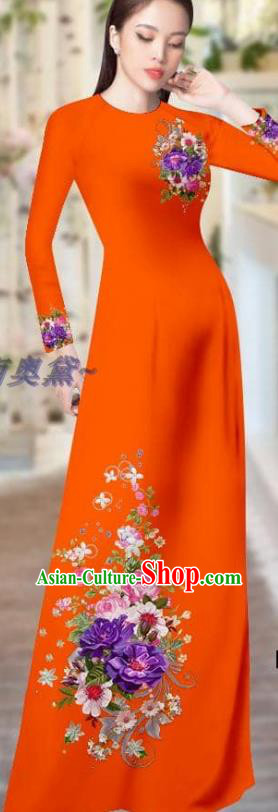 Vietnam Traditional Clothing Printing Cheongsam with Pants Asian Vietnamese Costume Custom Orange Ao Dai Dress