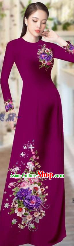 Vietnam Traditional Clothing Asian Vietnamese Custom Purple Ao Dai Dress Costume Printing Cheongsam with Pants
