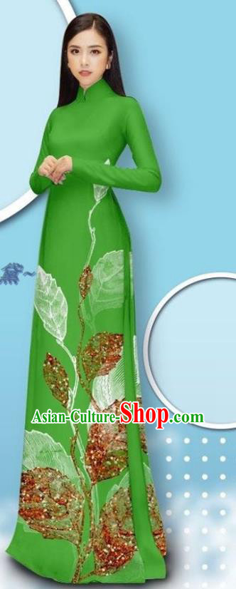 Vietnamese Deep Green Long Dress with Pants Custom Asian Traditional Cheongsam Bride Costume Vietnam Female Ao Dai Uniforms