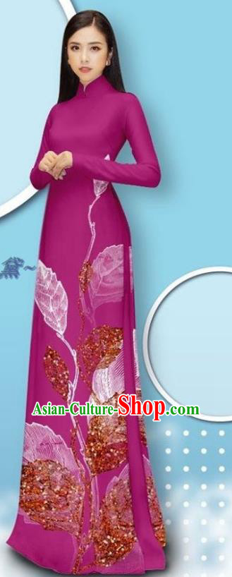 Vietnamese Traditional Rosy Cheongsam Custom Vietnam Female Ao Dai Uniforms Asian Bride Costume Long Dress with Pants