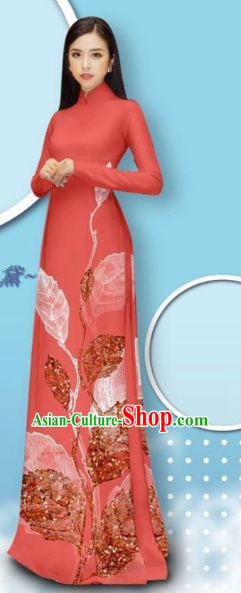 Watermelon Red Asian Long Dress with Pants Custom Vietnam Female Ao Dai Cheongsam Uniforms Vietnamese Traditional Bride Costume