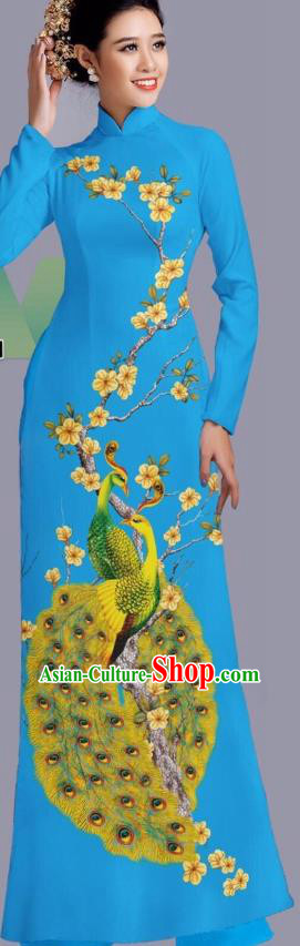 Asian Vietnam Custom Blue Ao Dai Dress Classical Peacock Pattern Costume Traditional Vietnamese Clothing Bride Cheongsam with Pants Uniforms