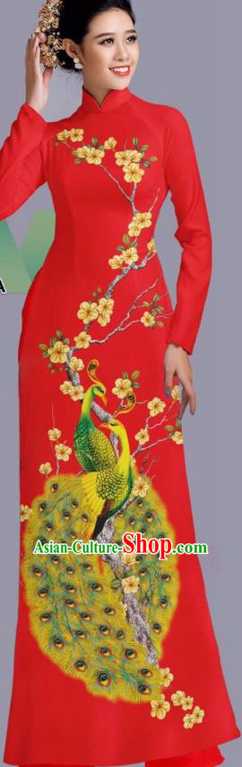 Asian Vietnam Classical Peacock Pattern Clothing Vietnamese Traditional Ao Dai Dress with Pants Uniforms Custom Bride Red Cheongsam