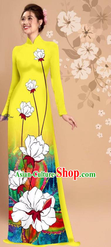 Vietnam Bright Yellow Ao Dai Dress Uniforms Custom Asian Vietnamese Fashion Apparel Traditional Cheongsam with Loose Pants National Clothing